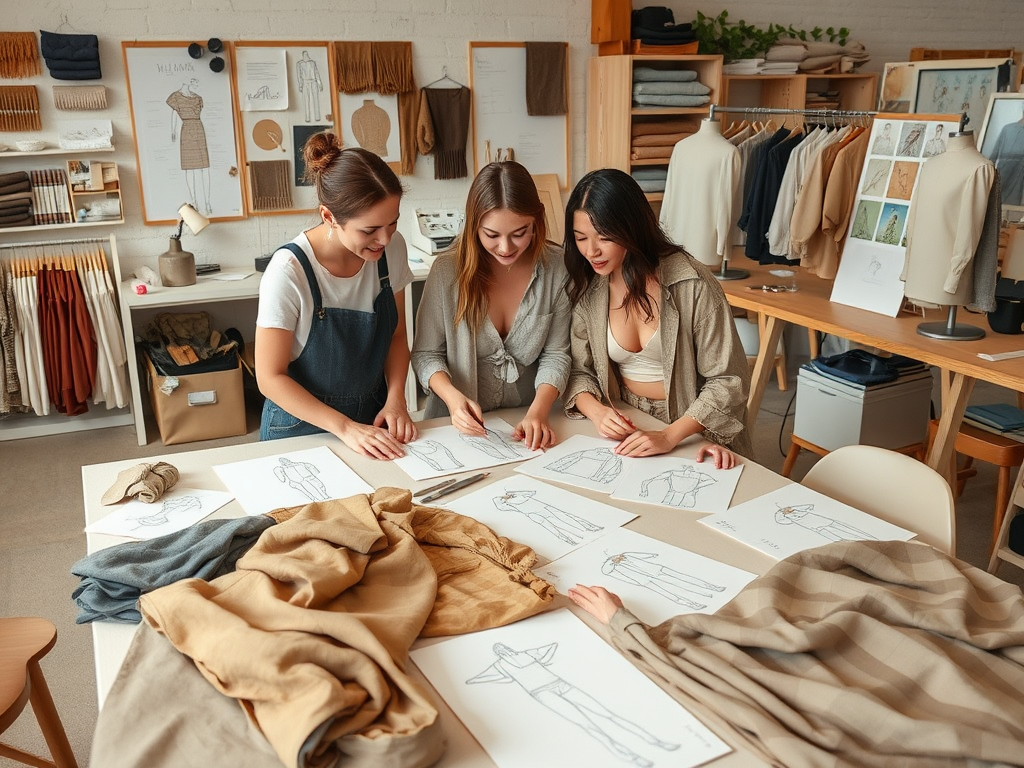 Three women collaborate on fashion sketches at a table, surrounded by fabrics and design displays in a creative workspace.