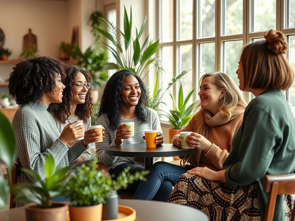 A group of five women enjoy drinks and conversation in a cozy café, surrounded by plants and natural light.