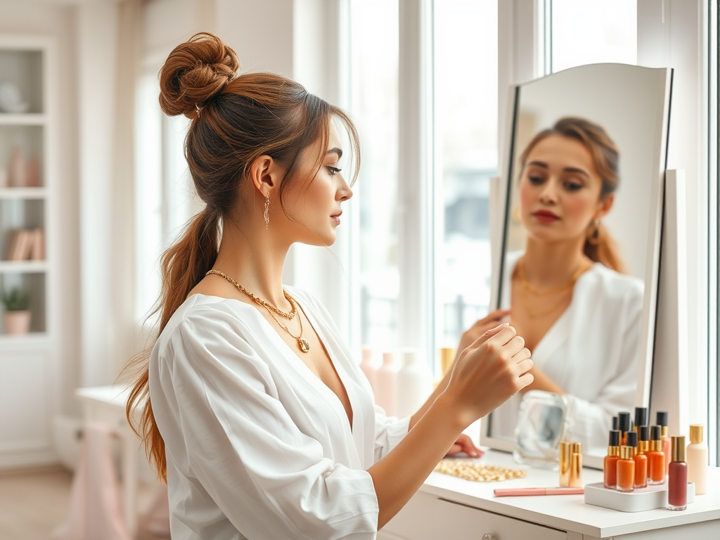 A woman with long hair in a ponytail applies makeup while gazing into a mirror surrounded by beauty products.