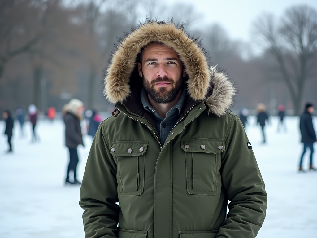 Man in a green parka with fur-lined hood, standing outdoors with blurred figures ice skating behind.