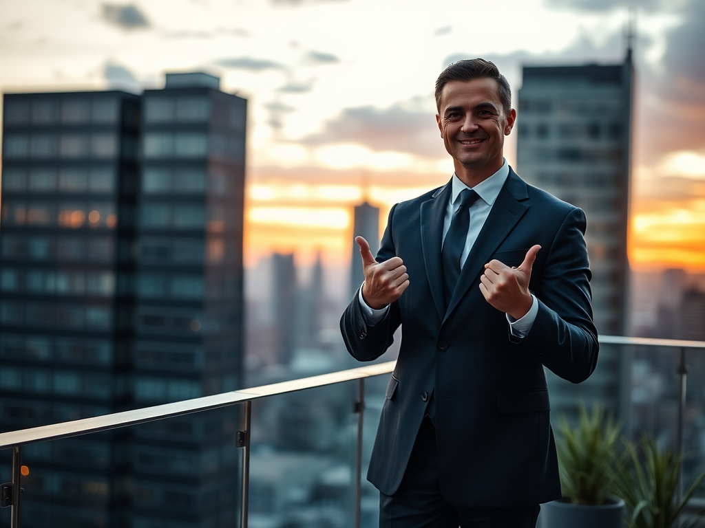 A smiling man in a suit gives thumbs up, standing on a balcony with a city skyline at sunset in the background.