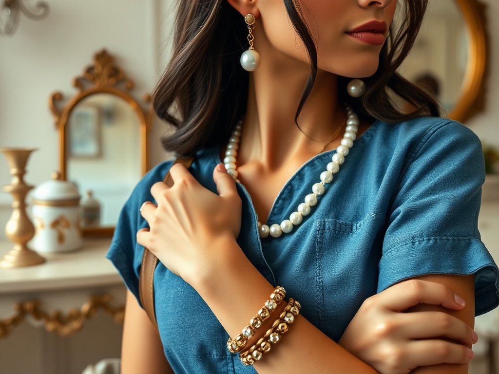 A woman wearing a blue outfit and elegant pearl jewelry poses, showcasing her accessories and a stylish interior.