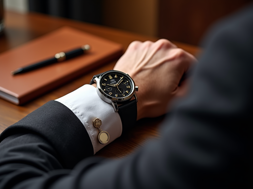 Close-up of a man's wrist wearing an elegant watch, sitting by a notebook and pen.