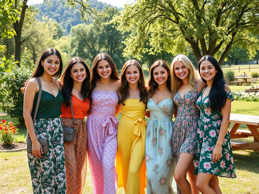 A group of seven women in colorful outfits poses happily outdoors in a sunny park setting with trees in the background.