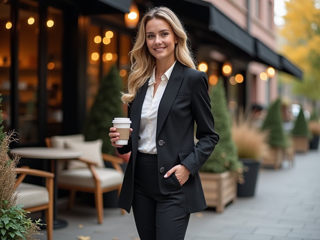 Smiling businesswoman holding a coffee cup outdoors near a café.