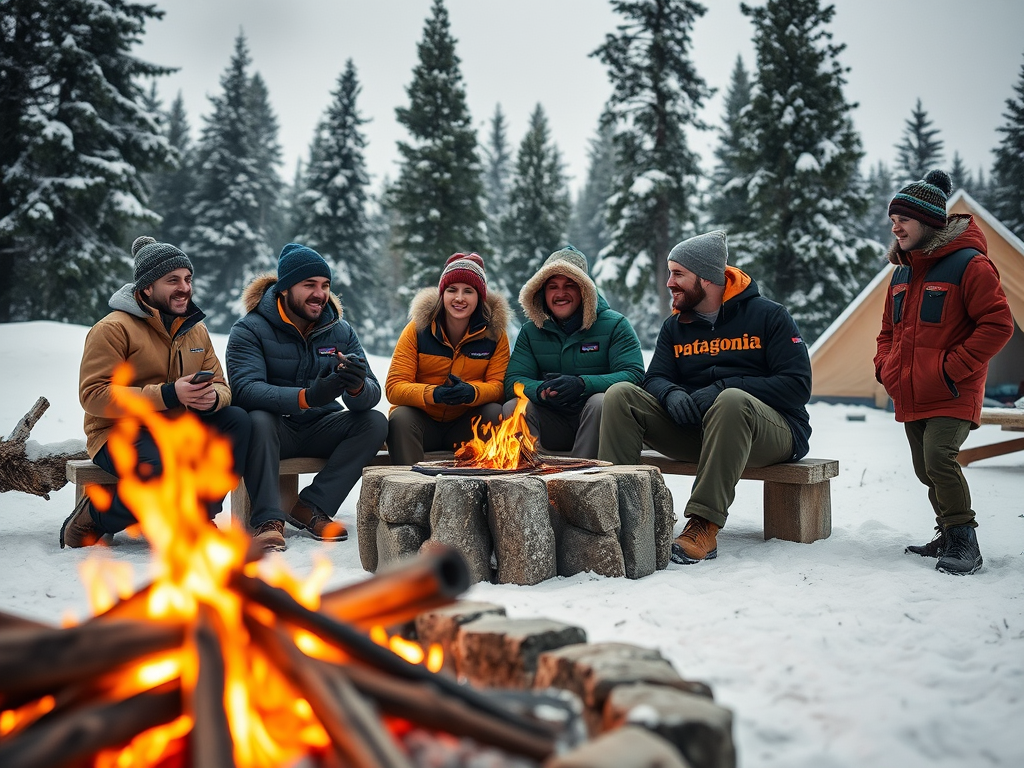 A group sits around a campfire in a snowy forest, wearing colorful winter coats and enjoying the warmth.