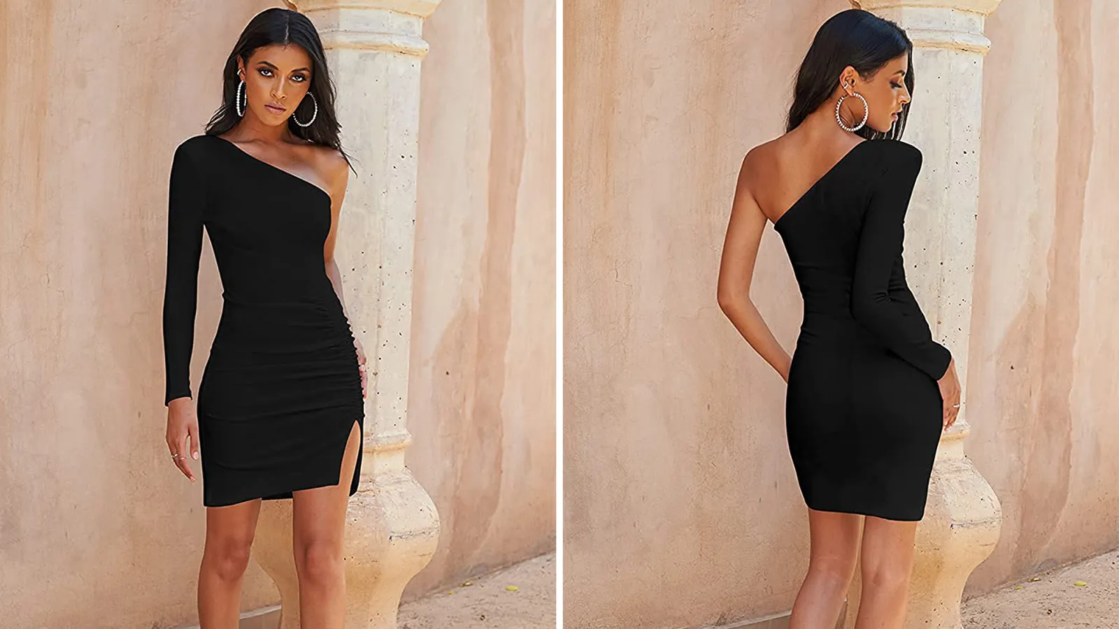 Woman modeling a stylish one-shoulder black dress, a perfect example of how to style a little black dress.