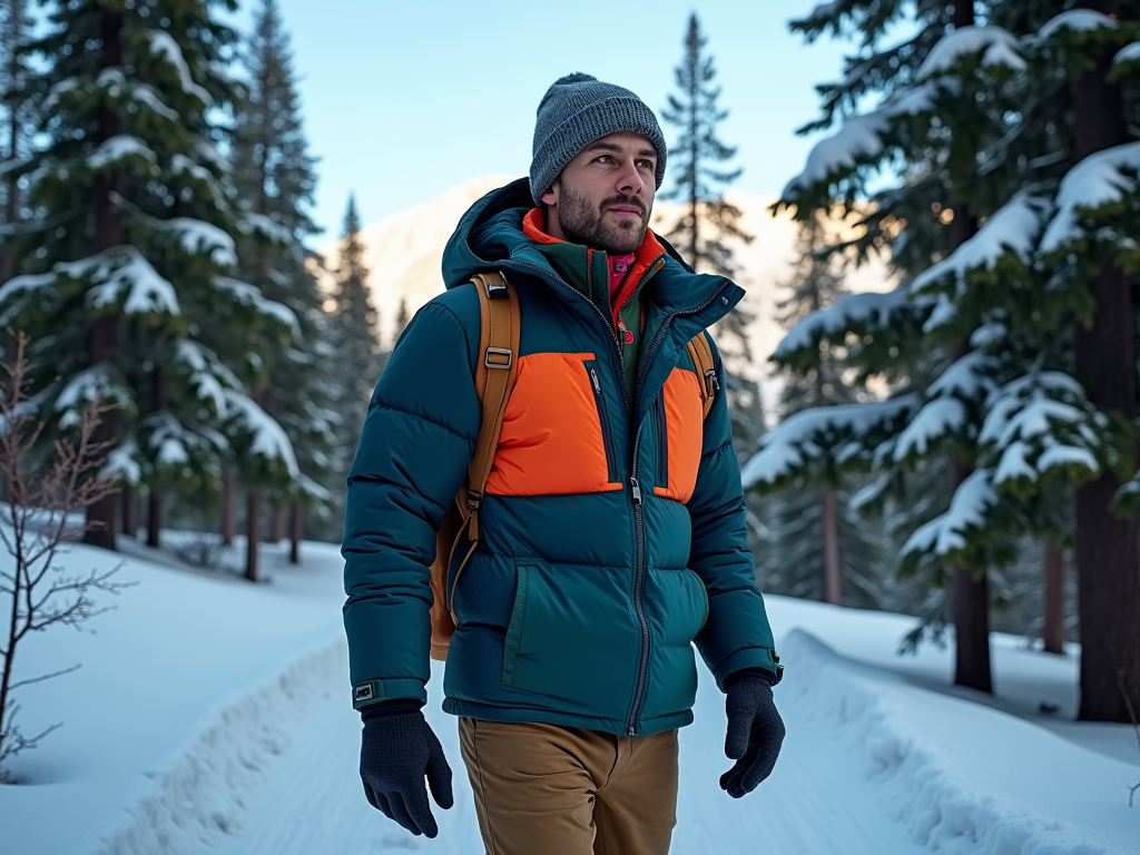 Man in colorful winter jacket walking in snowy forest.