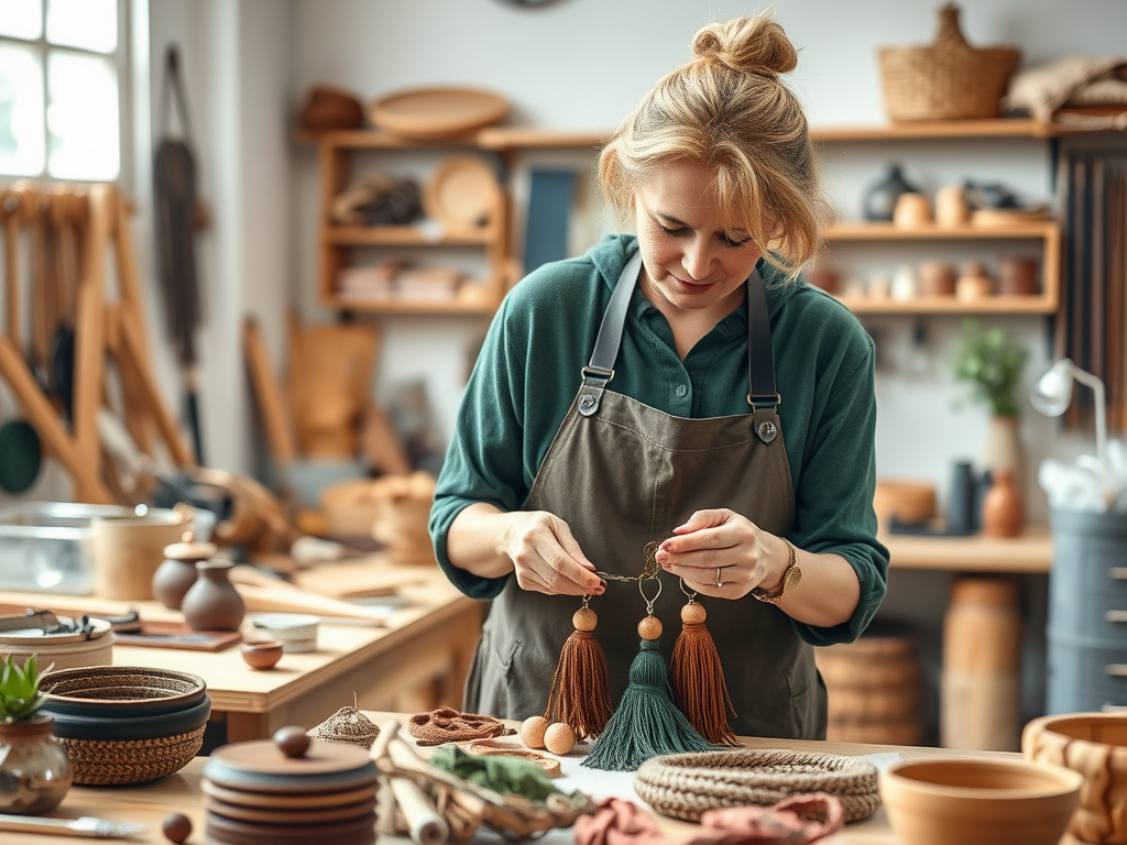 A woman in an apron crafts colorful tassels in a cozy workshop filled with handmade items and rustic decor.