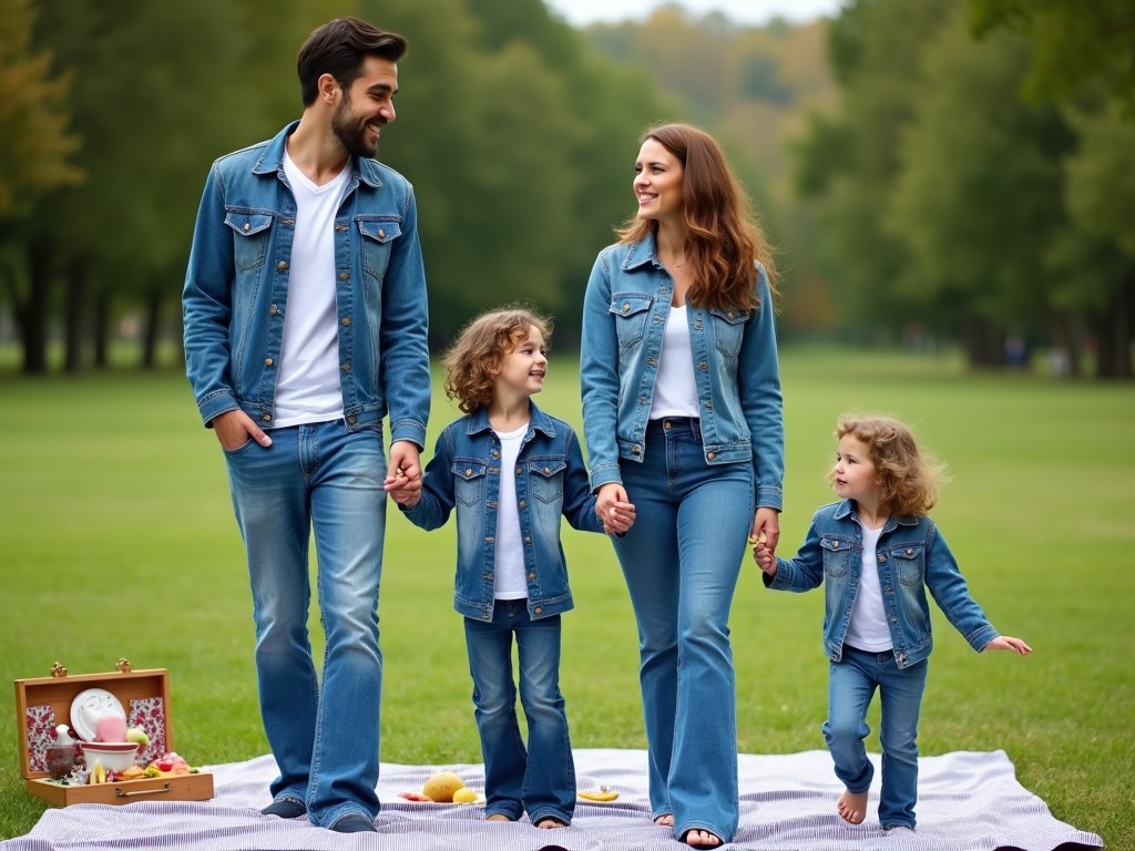 Family of four in denim enjoying a stroll in the park with a picnic setup in the background.