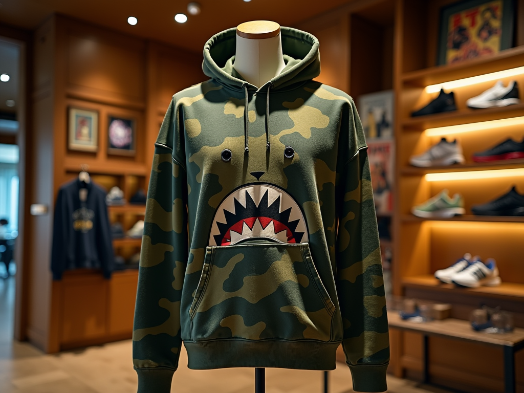 Camo hoodie with shark face design displayed on mannequin in a stylish shoe store.