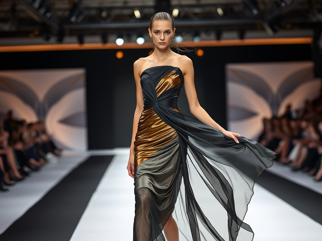 A model walks down the runway wearing a flowing, strapless gown in gold and black, showcasing elegant design.