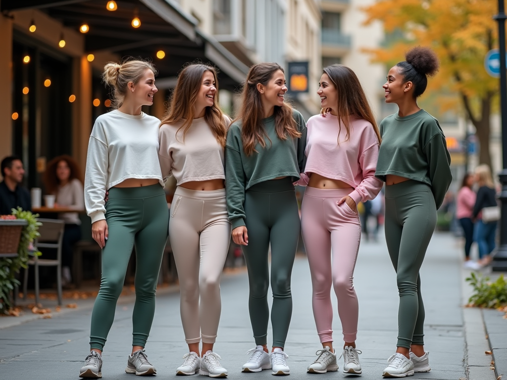 Five women laughing and walking on a city street, wearing similar athletic outfits.