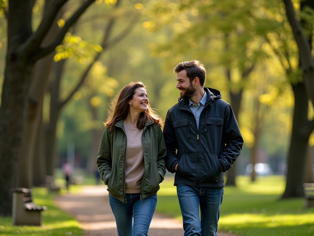 A young couple walking and smiling together in a sunlit park with autumn trees.