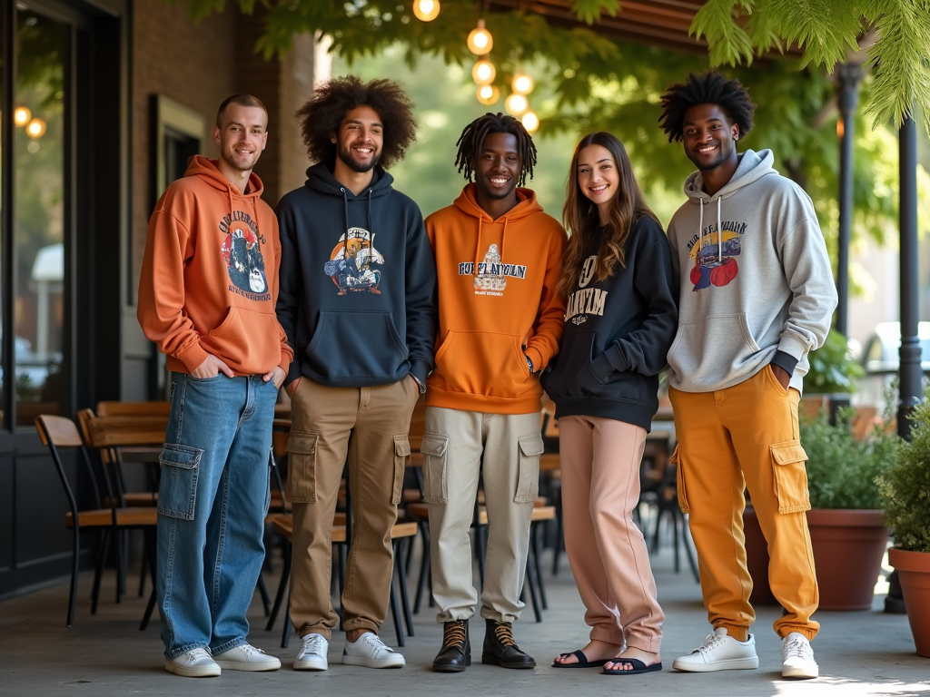 Five young adults in casual wear, smiling and standing together on a sidewalk cafe.