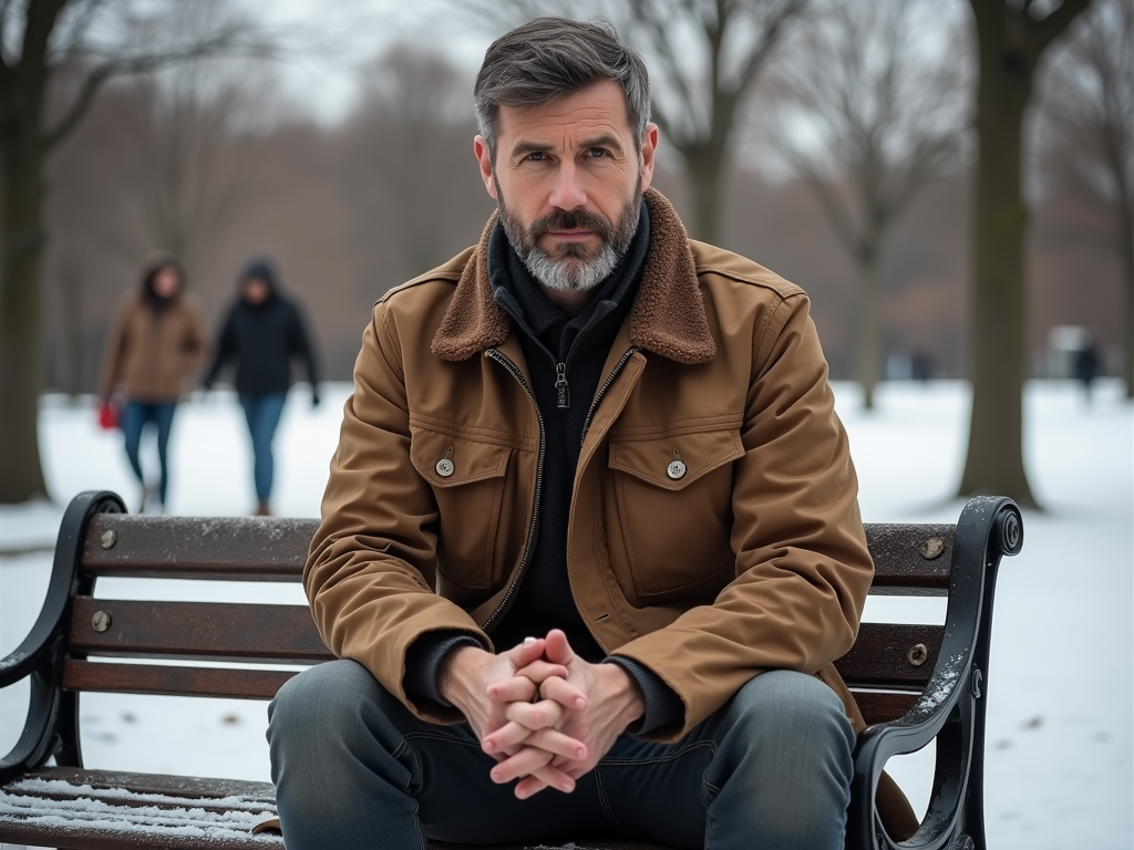 Man sitting on a park bench in winter with a focused expression, wearing a brown jacket, as two people walk in the background.