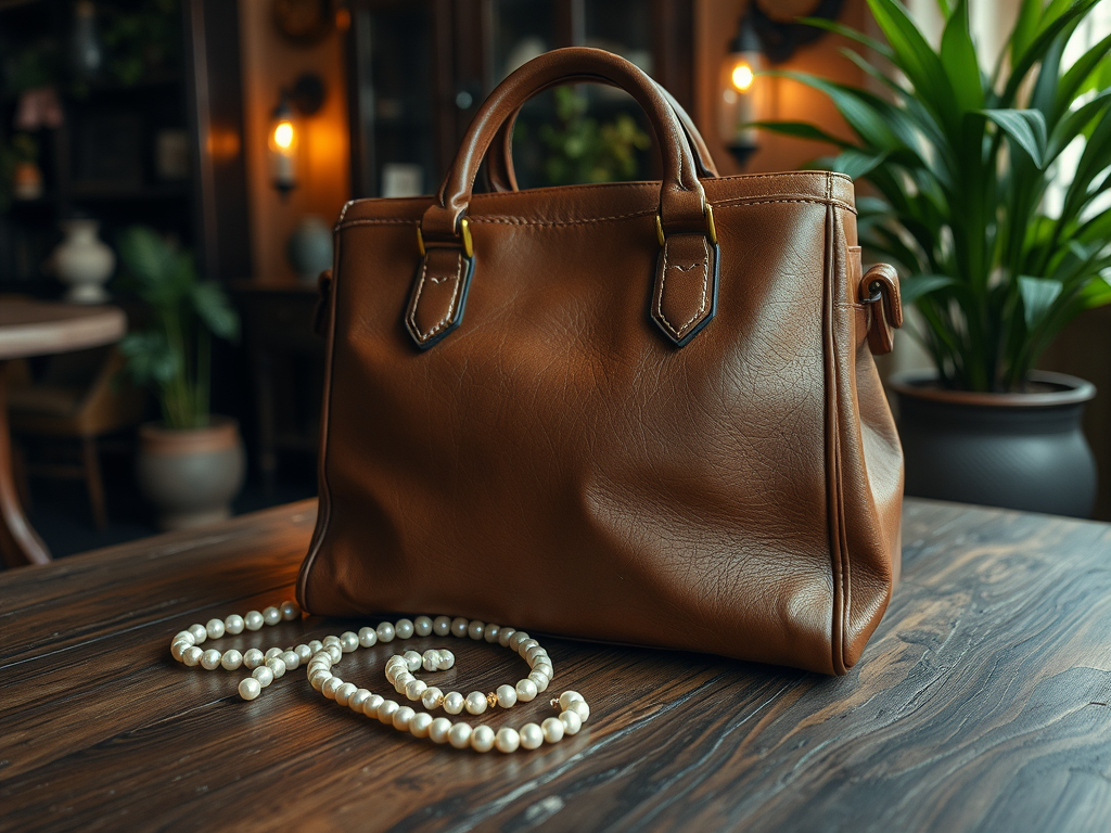 A stylish brown leather handbag sits on a wooden table next to a string of pearls, with plants in the background.