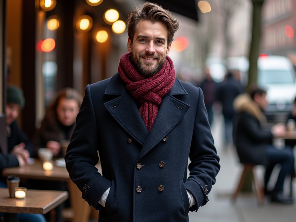 Man in navy peacoat and red scarf smiling on a bustling city street with café lights in the background.