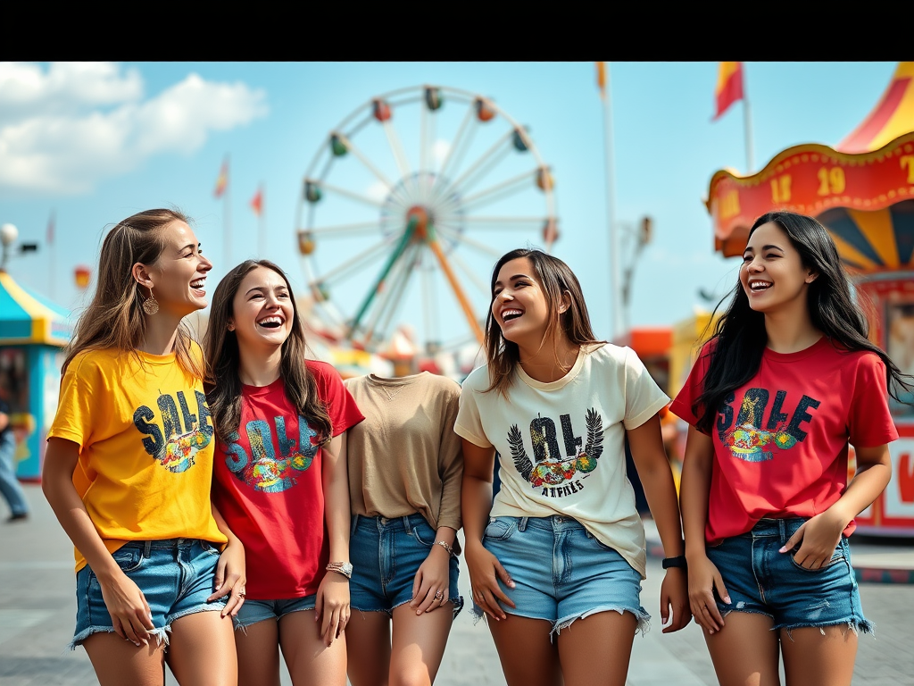 Five young women in colorful t-shirts laugh together at a fairground, with a Ferris wheel in the background.