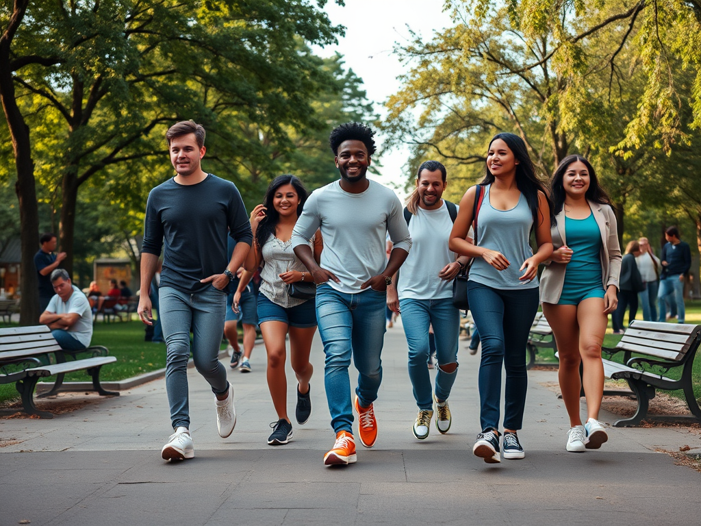A diverse group of six young adults walks together in a park, smiling and enjoying the sunny day.