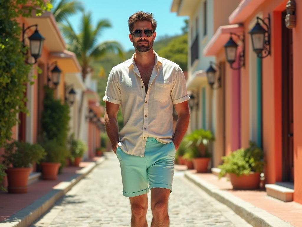 Man walking down a colorful street wearing sunglasses, a shirt, and shorts.