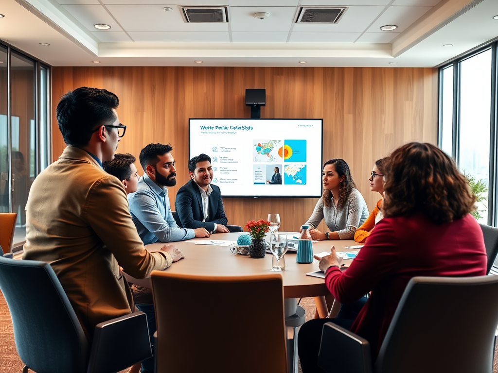 A diverse group of professionals engaged in a meeting around a conference table, with a presentation displayed behind them.