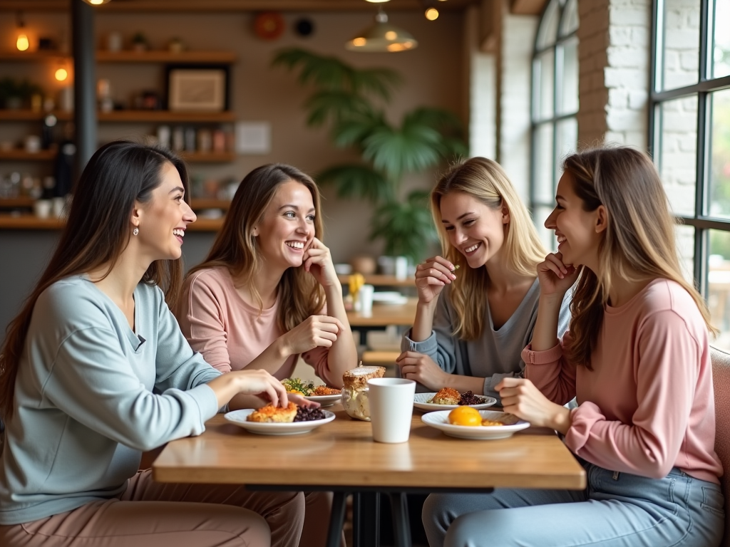 Four women laughing and chatting over a meal in a cozy café.