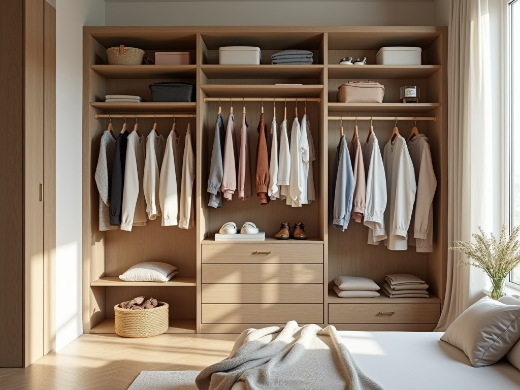 Well-organized wooden wardrobe with neatly arranged clothes, shoes, and accessories in a sunlit room.