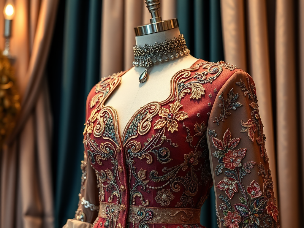 A close-up of an intricately designed red dress with embroidered floral patterns displayed on a mannequin.