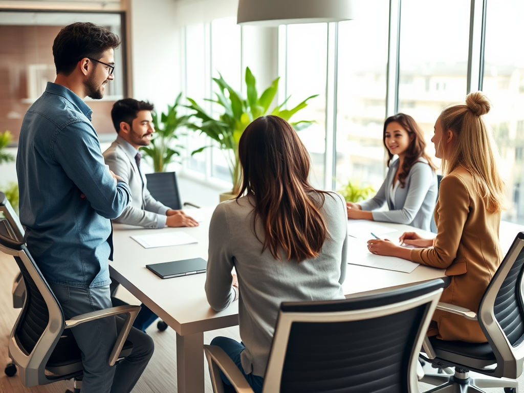 A group of professionals in a modern meeting room engaged in a discussion around a conference table.