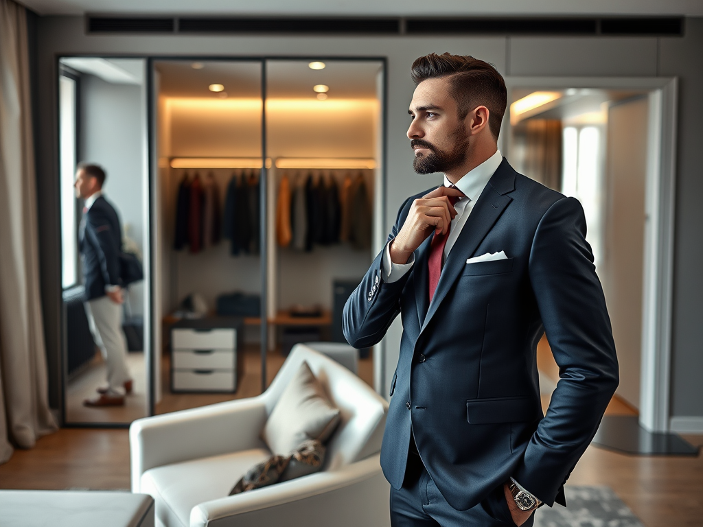 A well-dressed man in a suit adjusts his tie, reflecting in a mirror inside a stylish room.
