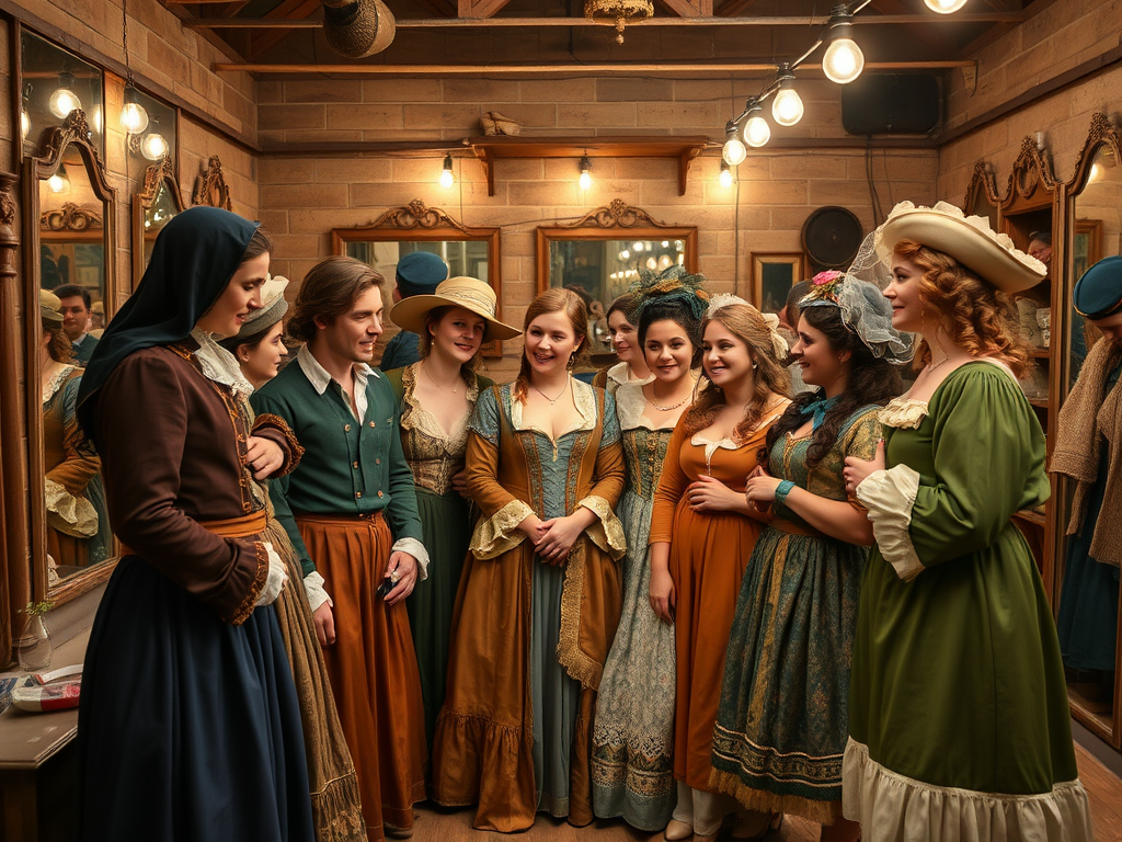 A group of women in historical costumes smiles and chats in a vintage dressing room with mirrors and warm lighting.