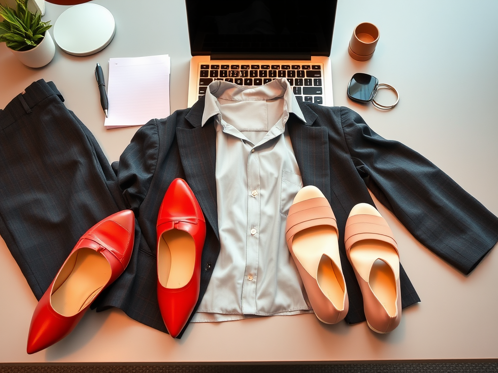 A stylish outfit laid out on a desk, featuring a suit, shirt, and two pairs of shoes in different colors.
