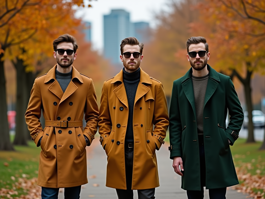 Three men in stylish trench coats and sunglasses walk confidently on a tree-lined path during autumn.