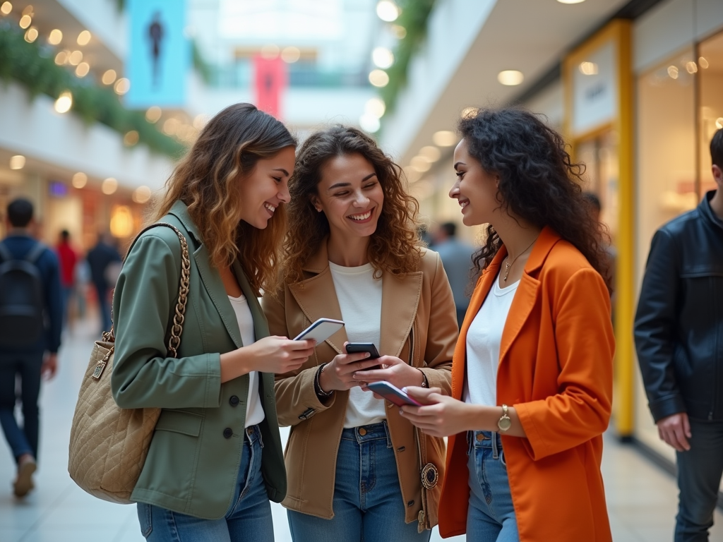 Three women smiling and looking at a smartphone in a bustling shopping mall.