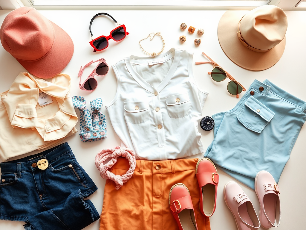 A flat lay of summer fashion items: hats, sunglasses, tops, shorts, accessories, and stylish shoes in vibrant colors.