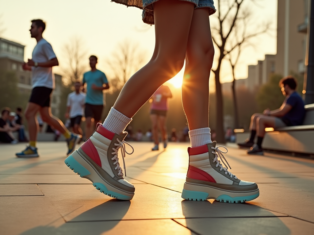 Close-up of colorful sneakers on a woman walking in a busy park at sunset, with blurred figures in the background.