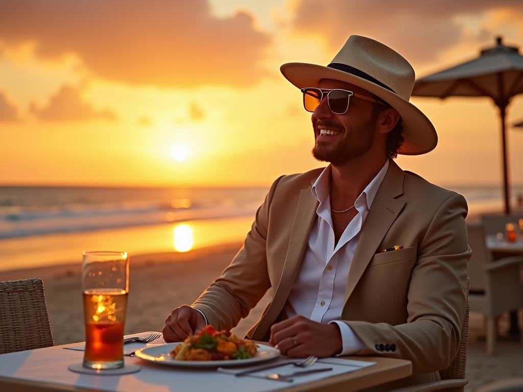 Man in suit and hat smiling at beachside dinner during sunset.