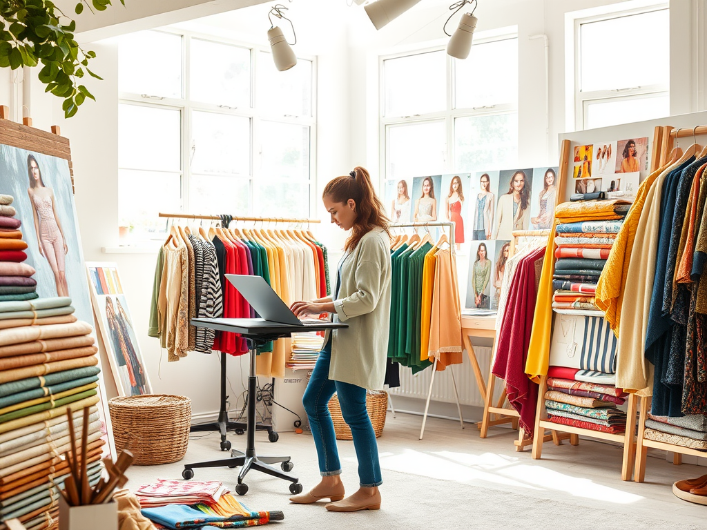 A woman stands at a laptop in a bright studio filled with colorful fabrics and fashion designs on display.