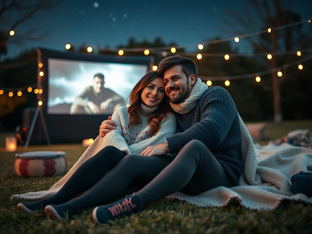 A cozy couple sits under string lights, wrapped in a blanket, watching a movie outdoors on a warm evening.