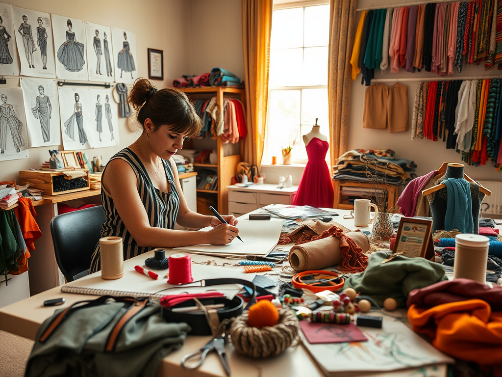 A woman sketches designs in a vibrant sewing studio filled with fabric, patterns, and sewing supplies.