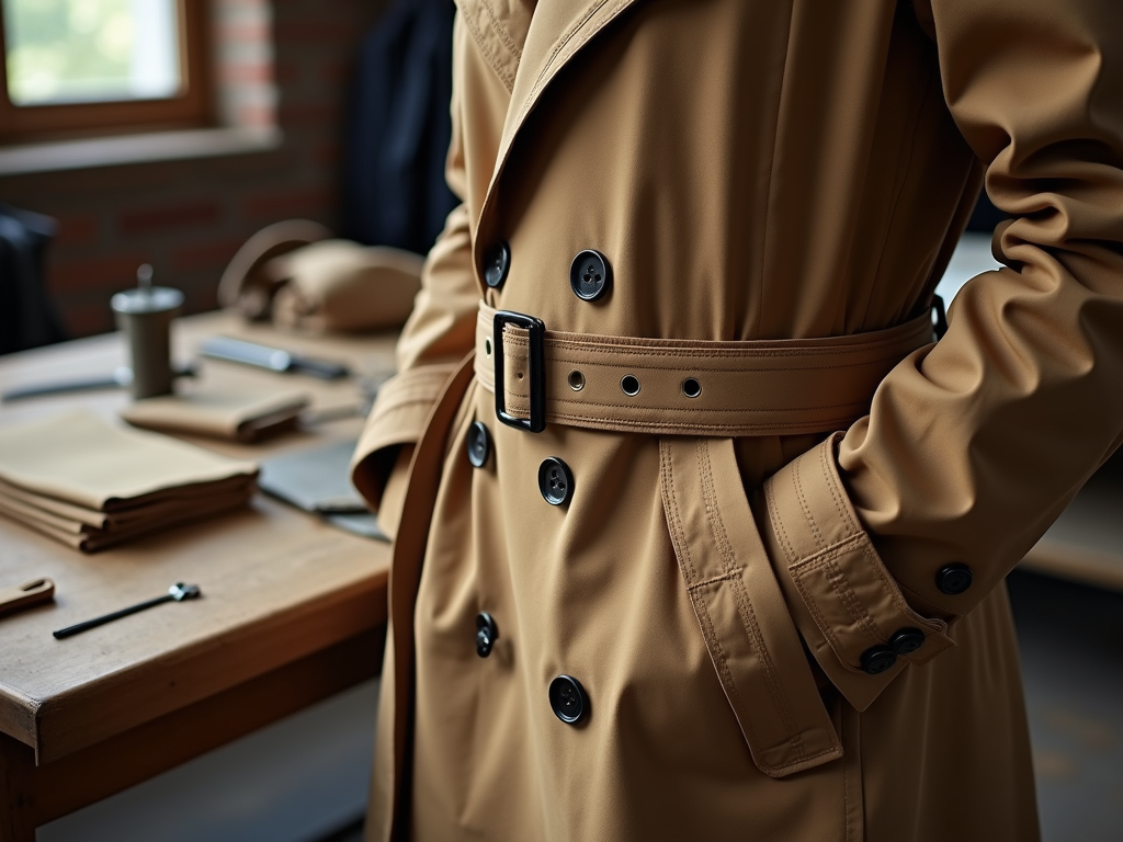 Close-up of a person wearing a belted trench coat in a workshop, with documents and tools on a table.