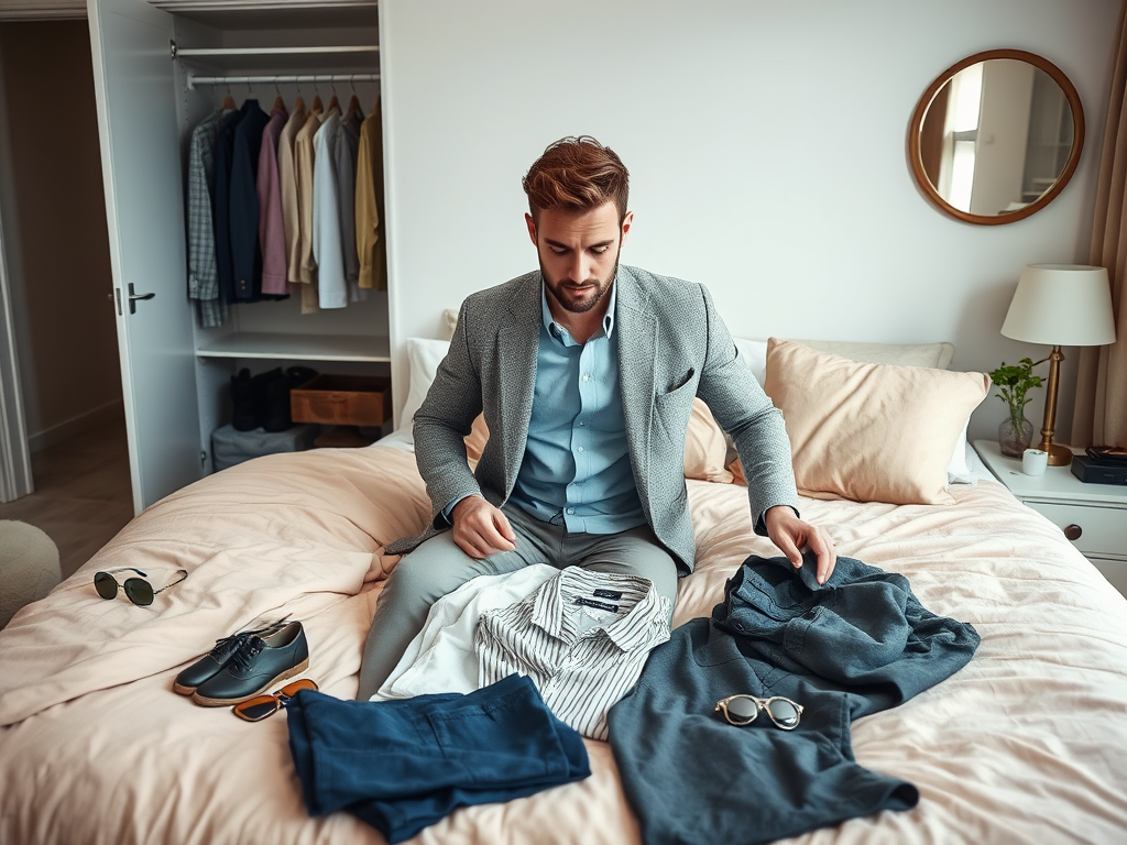 A man in a suit sits on a bed, sorting through various clothing items and accessories in a modern bedroom.