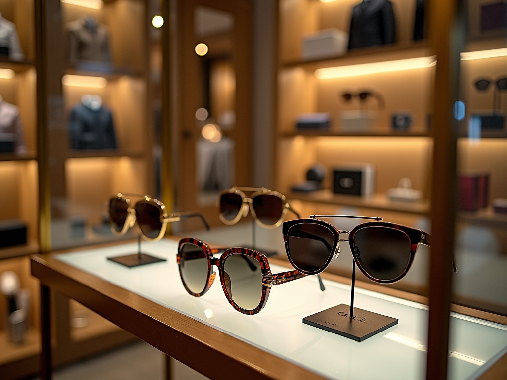 Luxury sunglasses displayed in a well-lit store with golden illuminated shelves in the background.