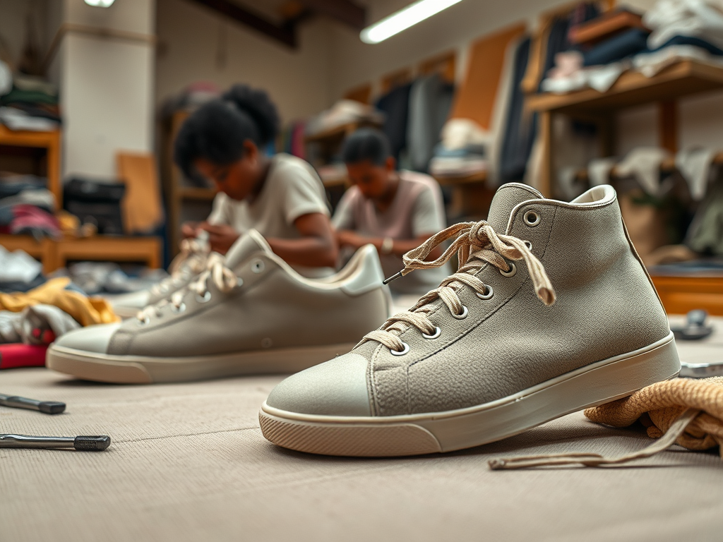 Two people work on sneakers in a workshop, with large, well-lit shelves filled with fabric and tools in the background.